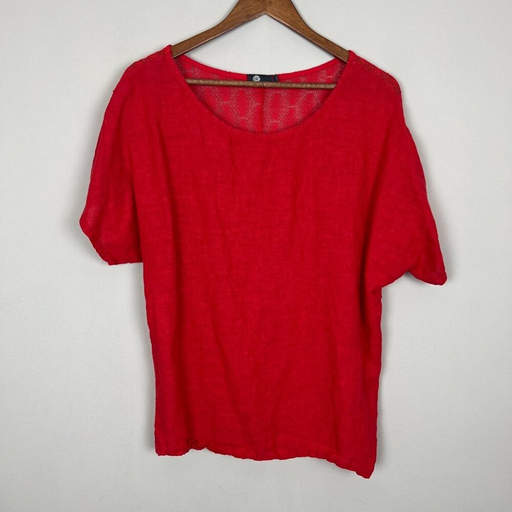 Made In Italy Top Women Medium Red Crochet Back Short Dolman Sleeve Linen Cotton